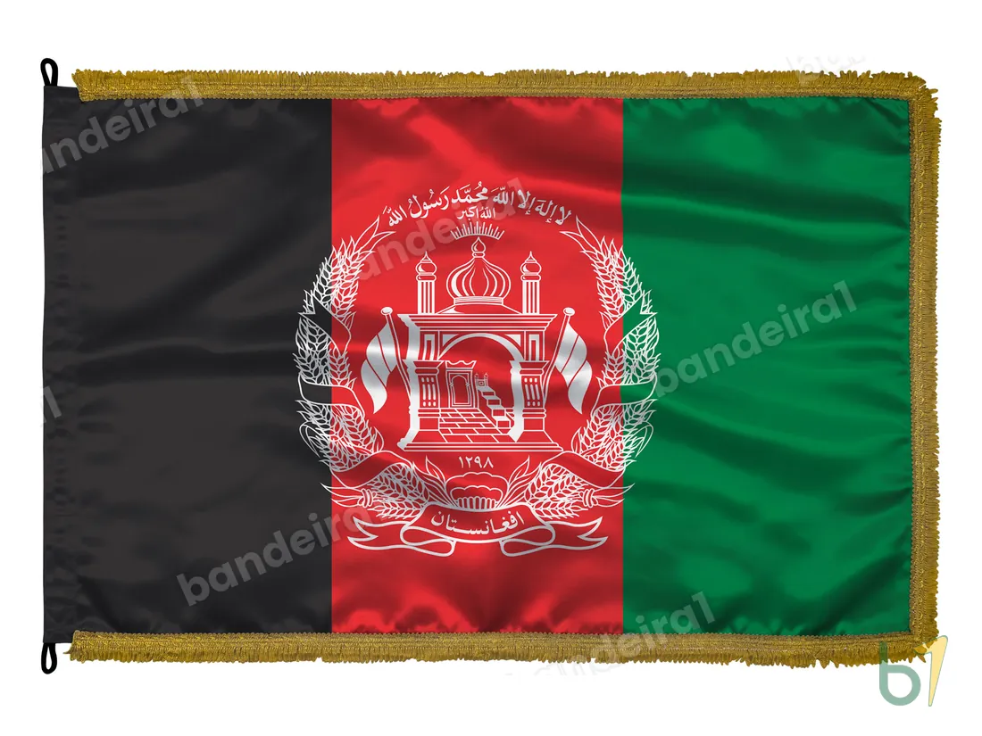 Bandeira do Afeganistão — cetim com franja ouro velho