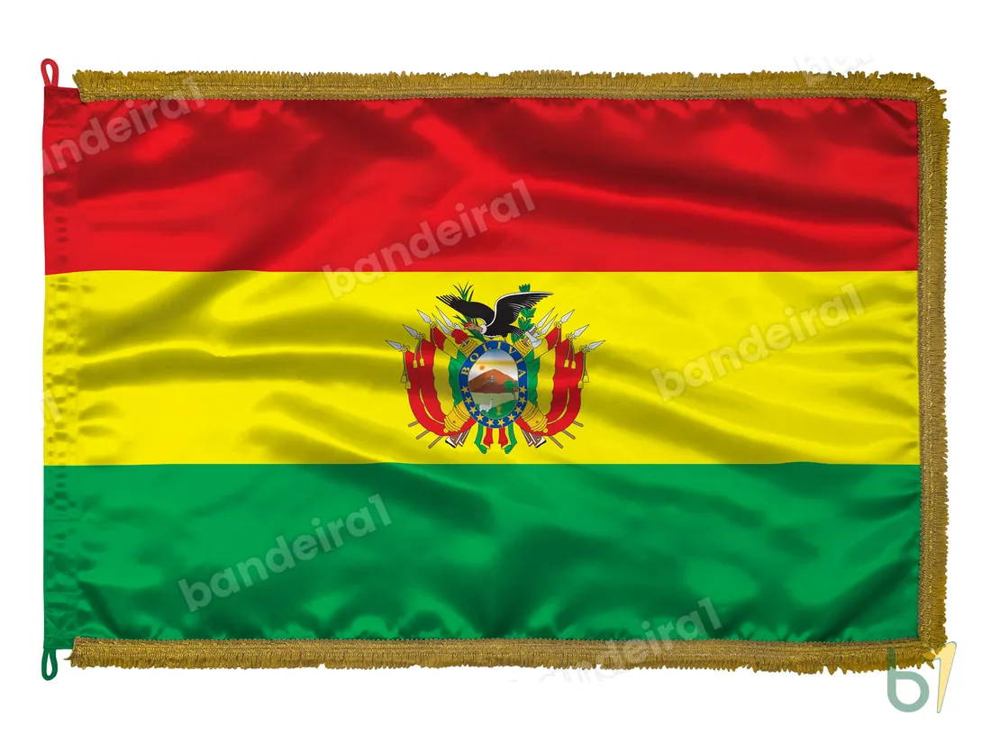 Bandeira da Bolívia com Brasão — cetim com franja ouro velho