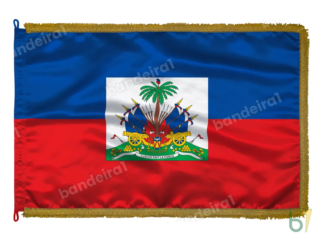 Bandeira do Haiti com Brasão — cetim com franja ouro velho