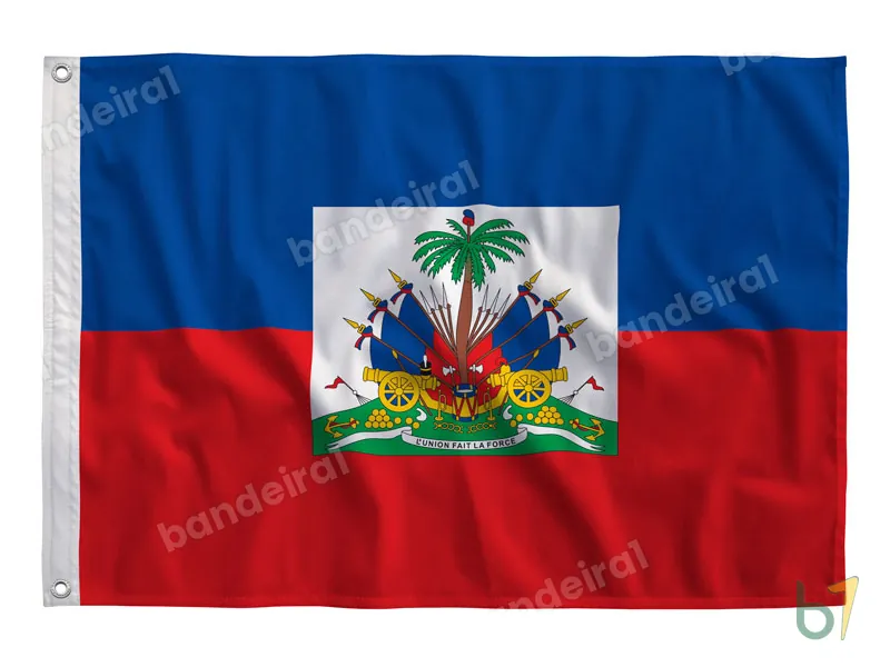 Bandeira do Haiti com Brasão — poliéster — vista frontal