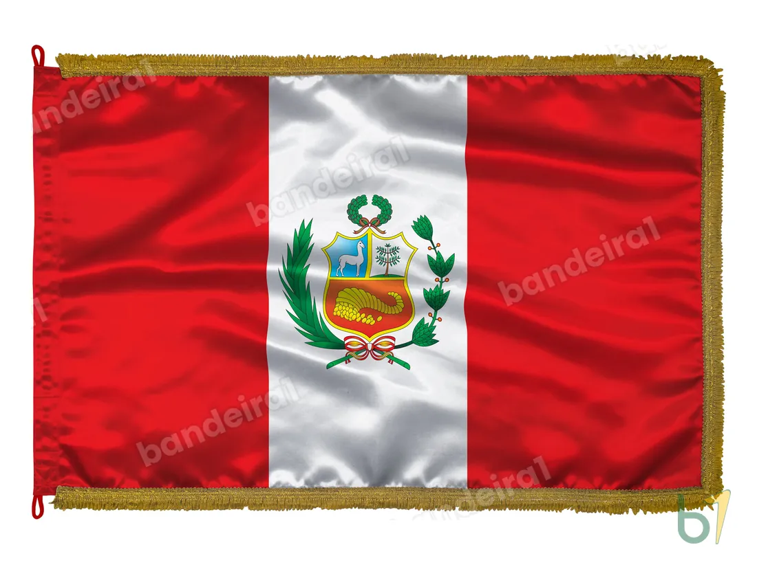 Bandeira do Peru com Brasão — cetim com franja ouro velho